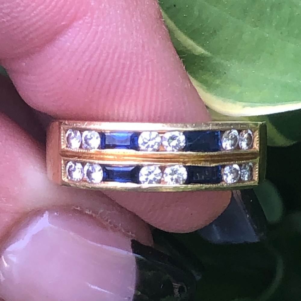 Vintage Jeff Cooper Natural Diamond & Sapphire Men’s 18K Gold Wedding Band - Picture 2 of 10